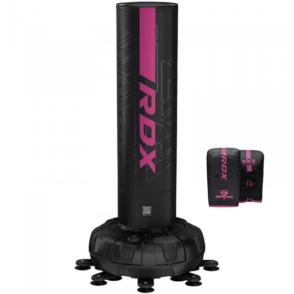 Front view of the RDX F6 6ft Kara Free-Standing Punch Bag in pink with mitts.