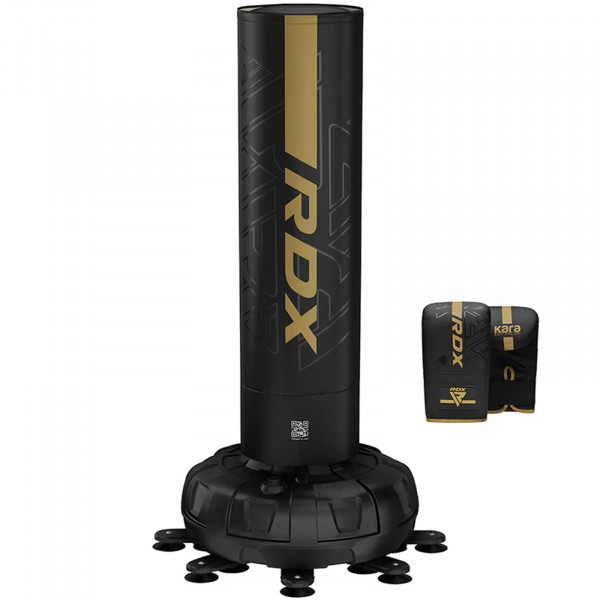 Front view of the RDX F6 6ft Kara Free-Standing Punch Bag in gold with mitts.