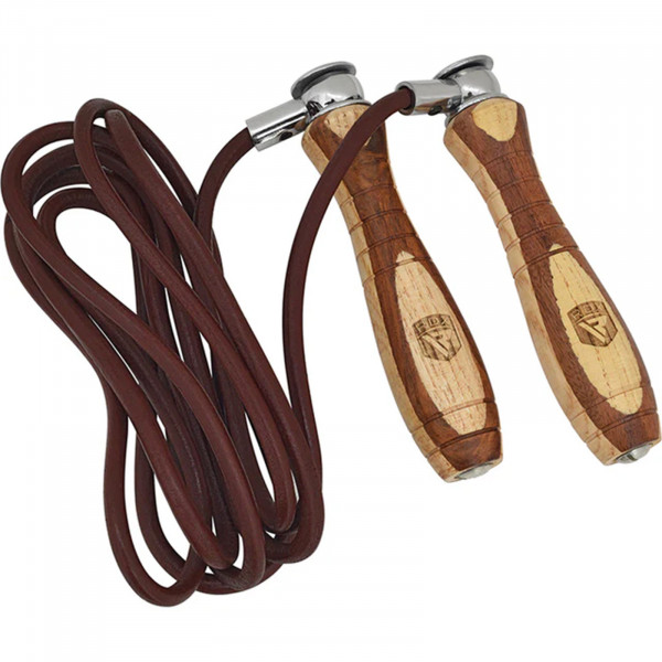 Angled view of the RDX L1 Wooden Handle 9ft Skipping Rope with coiled rope
