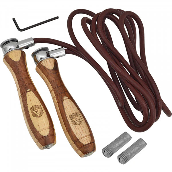 RDX L1 Wooden Handle 9ft Skipping Rope with coiled rope, weights, and hex key