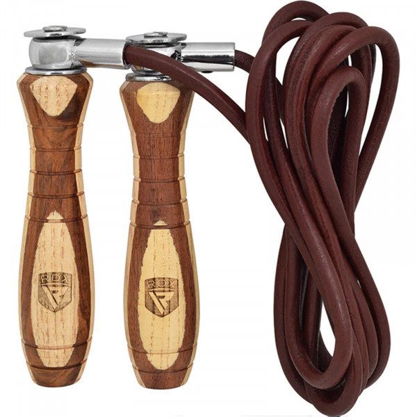 Front view of the RDX L1 Wooden Handle 9ft Skipping Rope with coiled rope