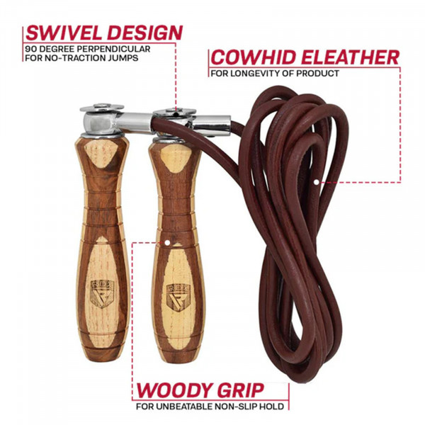 RDX L1 Wooden Handle 9ft Skipping Rope with labelled features