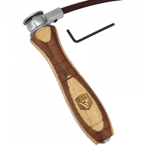 Close-up of handle and swivel of the RDX L1 Wooden Handle 9ft Skipping Rope
