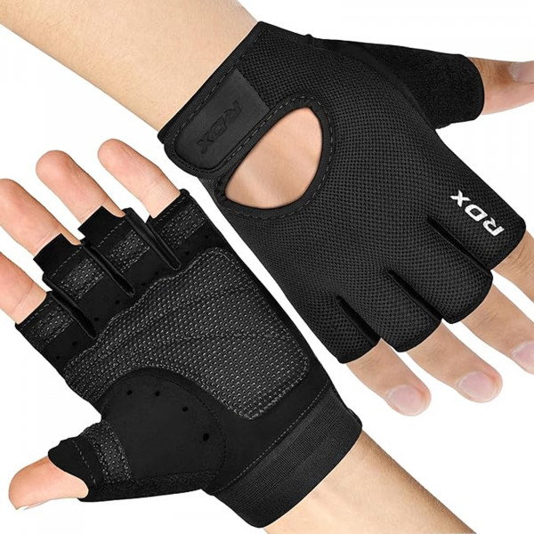 An image showing the RDX Weight Lifting Gloves on a model's hands.