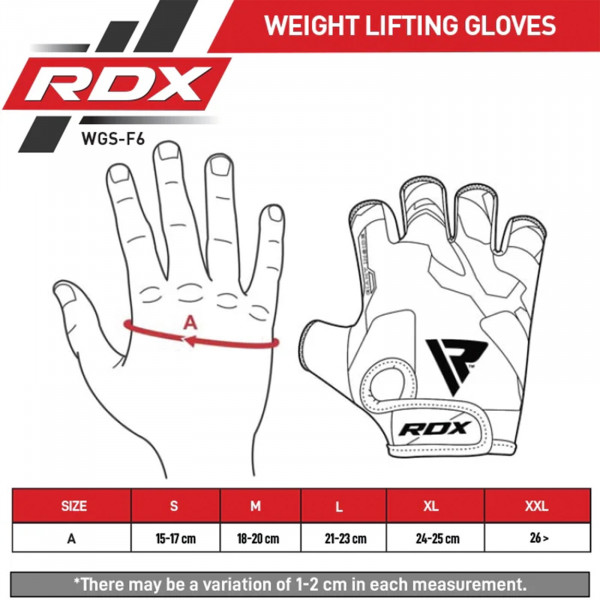 RDX F6 Fitness Gym Gloves - size chart