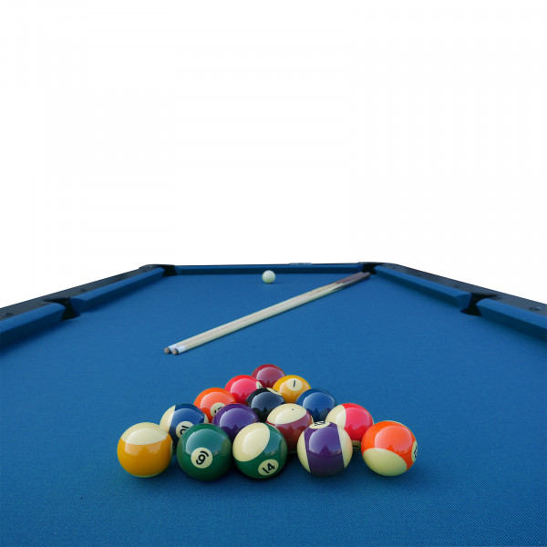 Close-up view of the Roberto Sport First 6ft Pool Table with blue cloth, showing numbered balls, a white ball, and a cue on the playing surface.
