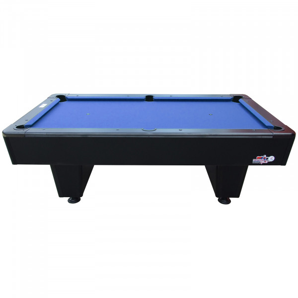 Side view of the Roberto Sport First Pool 6ft Pool Table with blue cloth.
