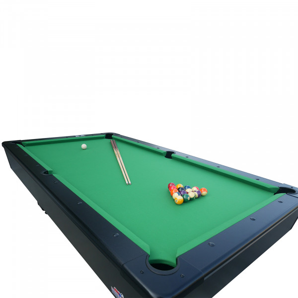 Top-angled view of the Roberto Sport First 7ft Pool Table with green cloth, showing numbered balls, a white ball, and a cue on the playing surface.
