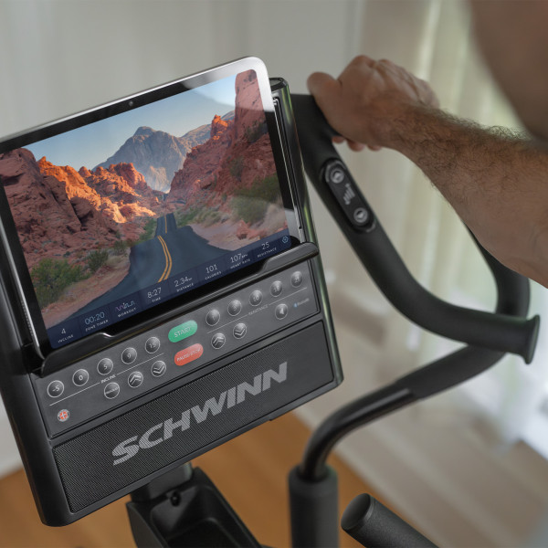 Close-up of the Schwinn 590E Elliptical console during a scenic workout