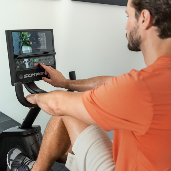 The digital console of the Schwinn 590R Recumbent Bike displaying key metrics brightly for ease of visibility