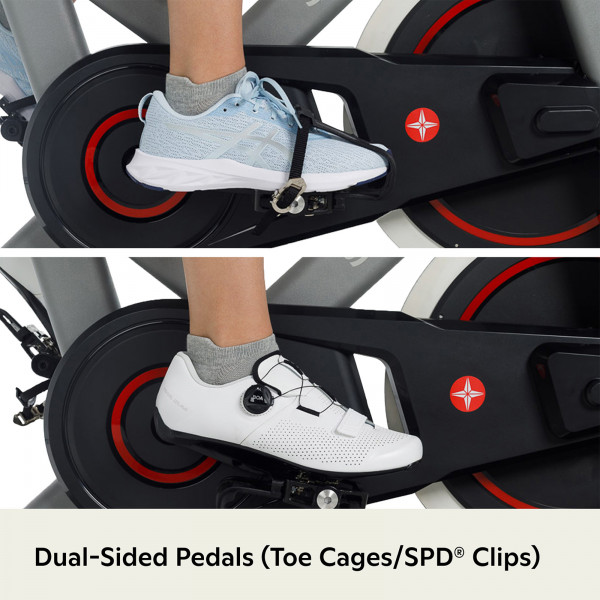 Dual-sided pedals with toe cages and SPD clips on the Schwinn IC3.5 Indoor Cycle