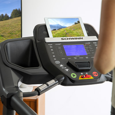 Console of the Schwinn 510T treadmill with tablet holder