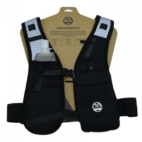 Front view of the Six Peaks Hydration Running Vest in black colour with bottle in packaging (XS/S)