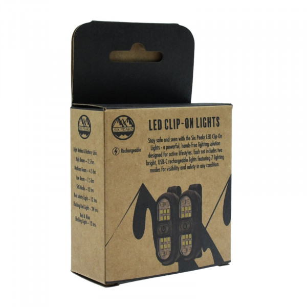 Six Peaks LED Clip-On Lights in black colour in packaging