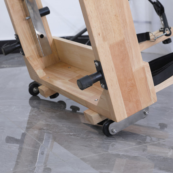 Close-up of the wheels and frame on the Skelcore Foldable Reformer - Oak