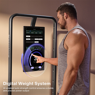 Person adjusting digital weight on the Speediance Gym Monster 2 touchscreen