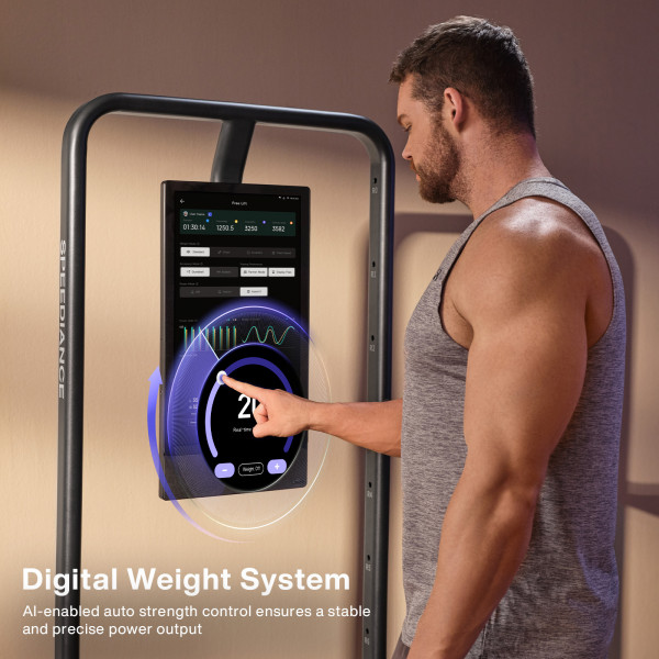 Person adjusting digital weight on the Speediance Gym Monster 2 touchscreen
