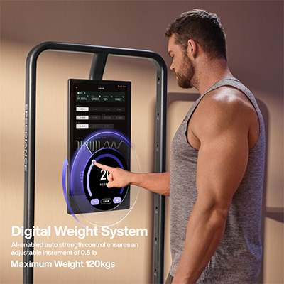 Person adjusting digital weight on the Speediance Gym Monster 2S touchscreen  