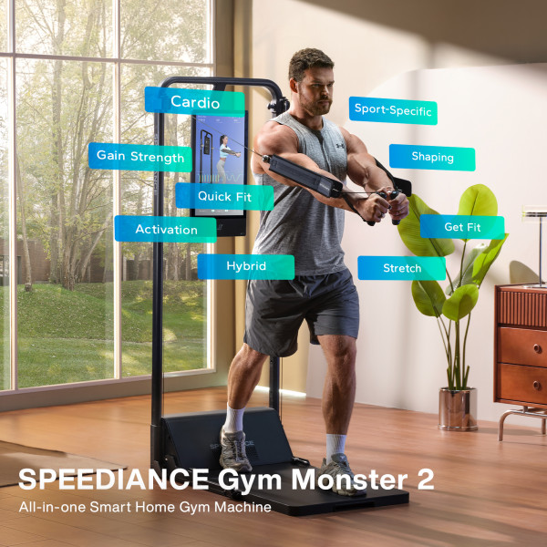 Person training on the Speediance Gym Monster 2S in a home setting