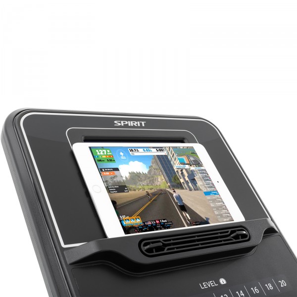 Close-up of the tablet holder on the Spirit XE195 Elliptical.