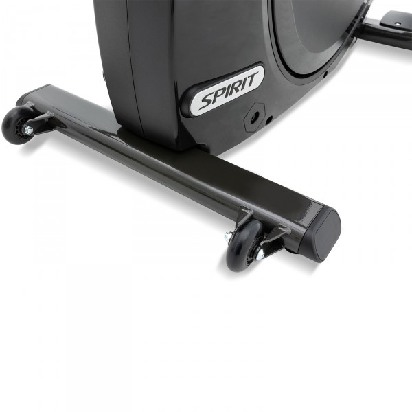 Close-up of the wheels on the Spirit XE195 Elliptical.