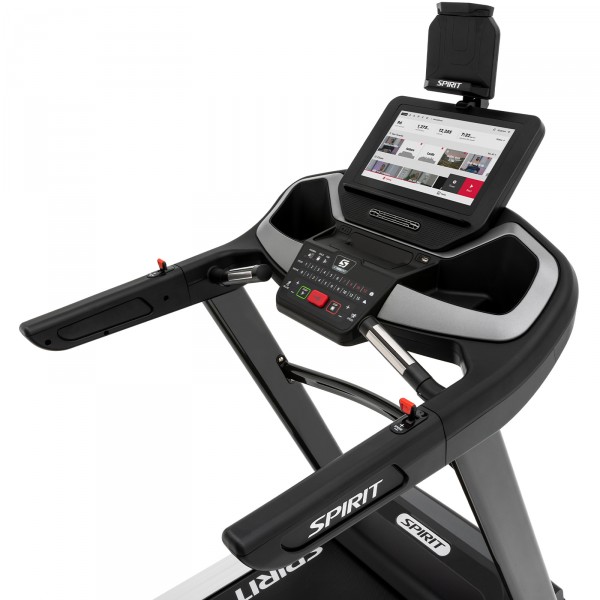 Angled view of the console on the SPIRIT XT685 ENT Treadmill.