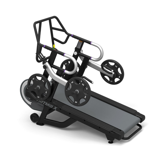 Left-angled view of the StairMaster HIITMill X with plates.
