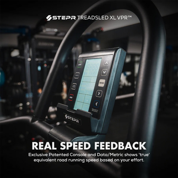 Lifestyle infographic with a model using the STEPR TreadSled XL - Console