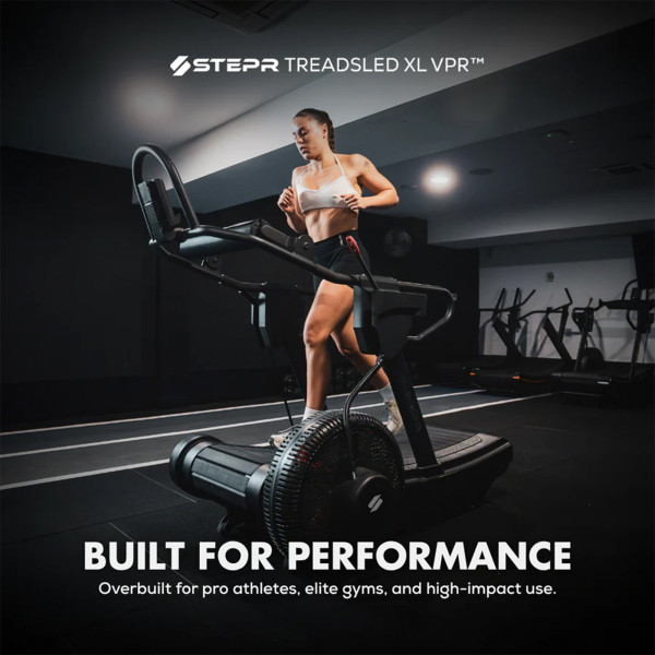 Lifestyle infographic with a model using the STEPR TreadSled XL - Built for Performance
