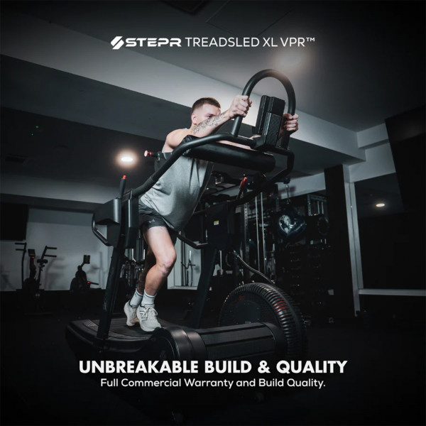 Lifestyle infographic with a model using the STEPR TreadSled XL - Unbreakable build quality