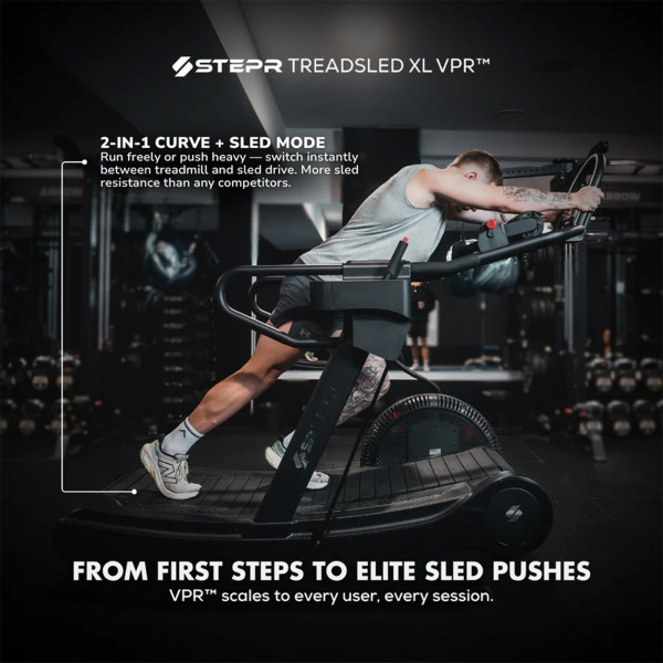 Lifestyle infographic with a model using the STEPR TreadSled XL - Sled Pushes