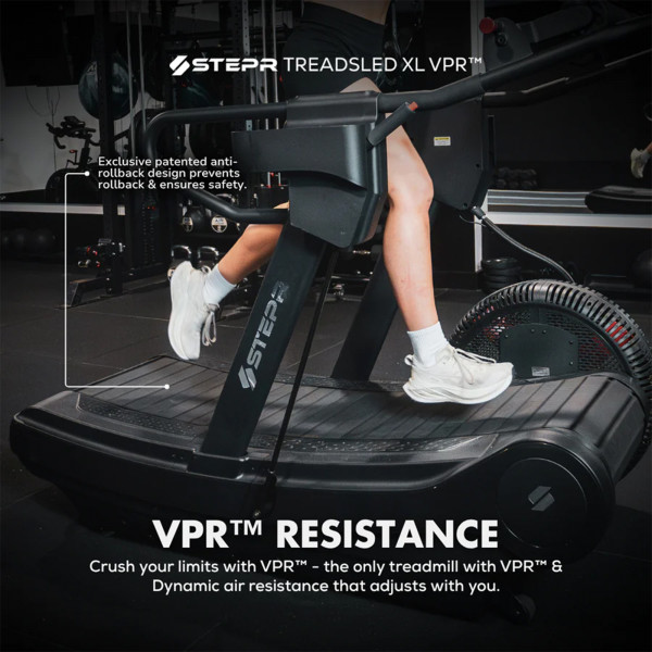 Lifestyle infographic with a model using the STEPR TreadSled XL - VPR Resistance