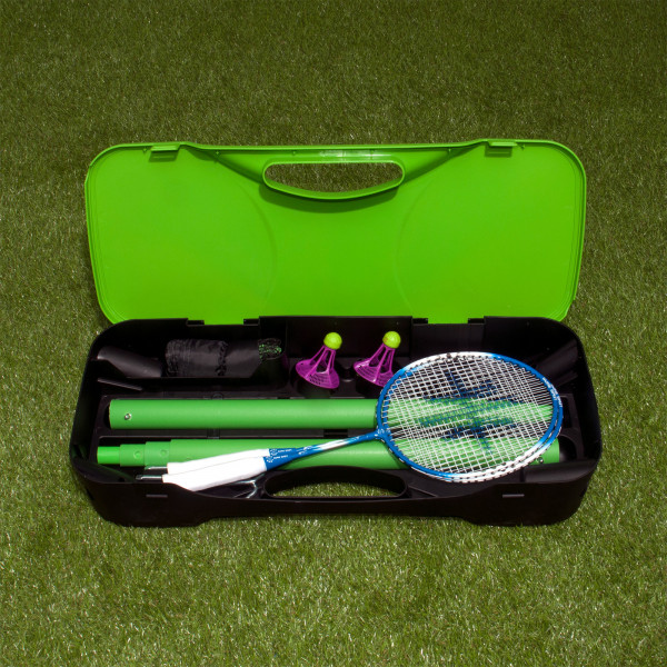 Open carry bag containing the post, net, rackets, and shuttles from the Sure Shot Quick Fit Senior Pack Badminton Set.