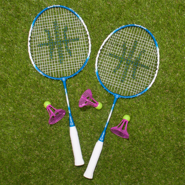 Top view of the rackets and shuttles included in the Sure Shot Quick Fit Senior Pack Badminton Set.