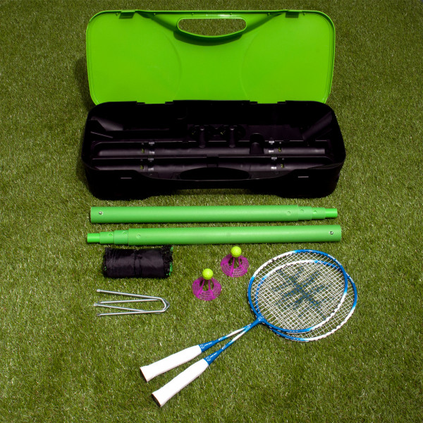Top view of the post, net, rackets, shuttles, and carry bag from the Sure Shot Quick Fit Senior Pack Badminton Set.