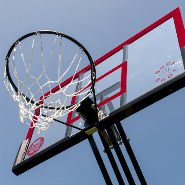 Low angled view of the backboard and ring