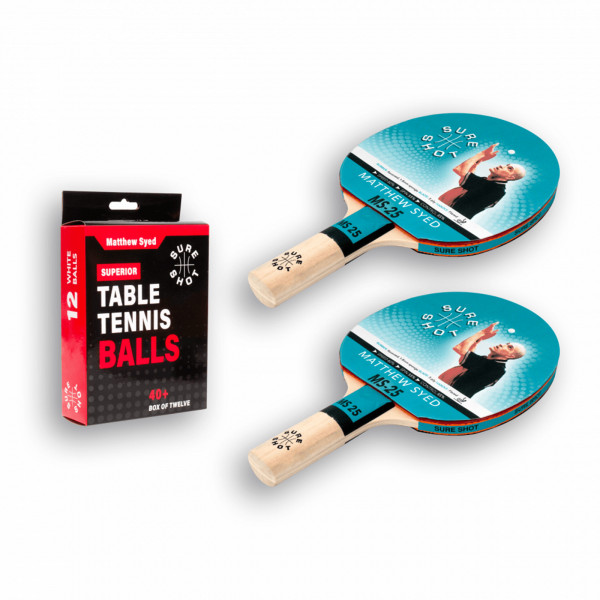 Sure Shot indoor table tennis set with two bats and a box of 12 white balls.