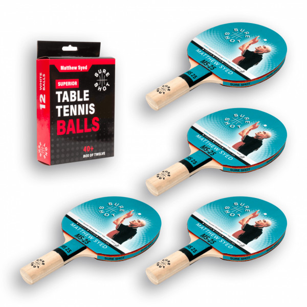 Sure Shot indoor table tennis set with four bats and a box of 12 white balls.