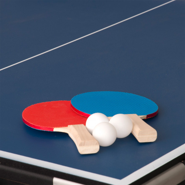 Close-up of the table tennis accessories on the Sure Shot 4-in-1 7ft Multi Games Table.