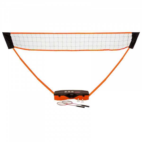 Front view of the badminton net, rackets, and shuttles for the Sure Shot Quick Fit 3-in-1 Garden Set.