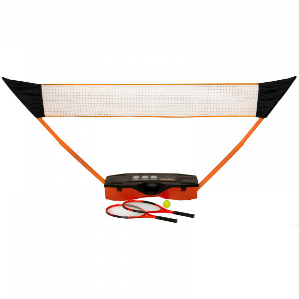 Front view of the tennis net, rackets, and ball for the Sure Shot Quick Fit 3-in-1 Garden Set.