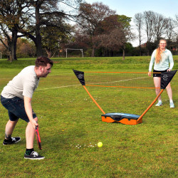Tennis set from the Sure Shot Quick Fit 3-in-1 Garden Set in use, with players engaged in a game of tennis.