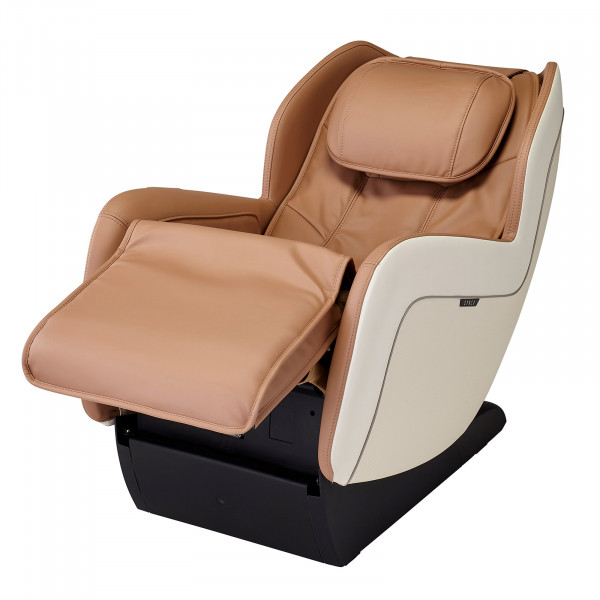 Angled front reclined view of the beige Synca CirC+ Massage Chair