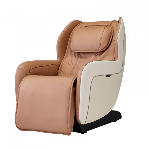 Angled front view of the beige Synca CirC+ Massage Chair upright
