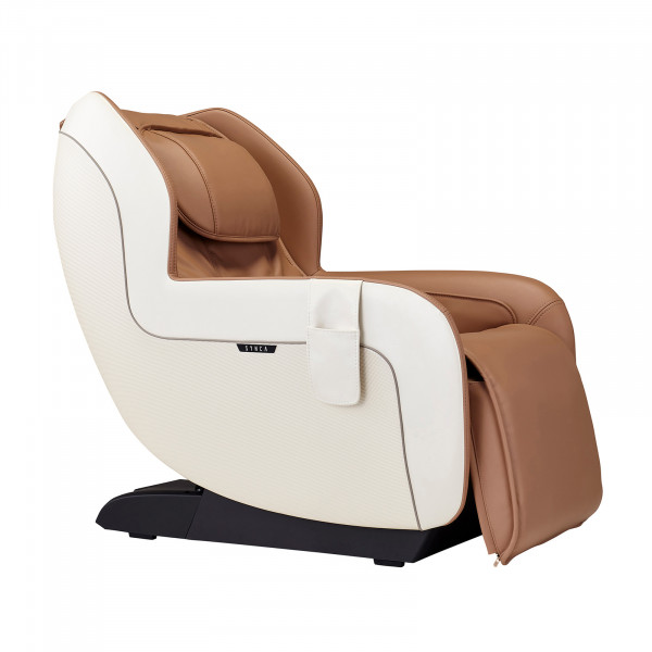Angled upright side view of the beige Synca CirC+ Massage Chair