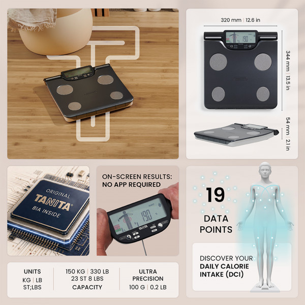 Overview of the Tanita BC-613 Segmental Body Composition Scale, including dimensions and key features