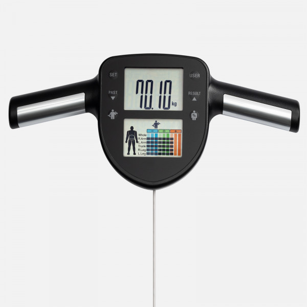 Close-up of the TANITA RD-445 HR Segmental Body Composition Scale display and hand electrodes