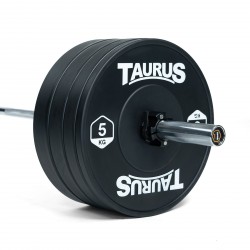 Weight plates loaded on the Taurus 7ft Elite Olympic Barbell in hard chrome