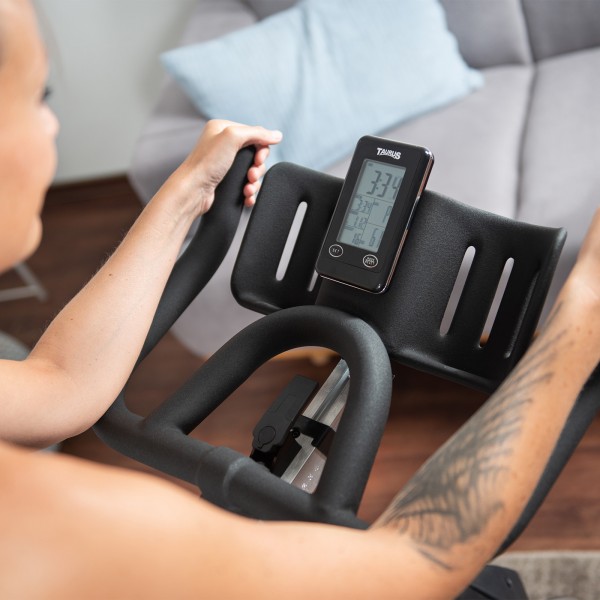 Close-up view of the Taurus IC90 Pro Exercise Bike console readouts.

