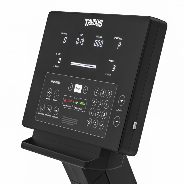 Top-angled view of the console on the Taurus Elite Recumbent Bike